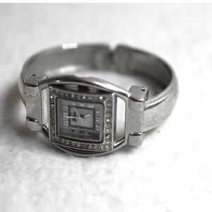 Geneva White Face Rhinestone Accent Silver Tone 6" Cuff New Battery Watch